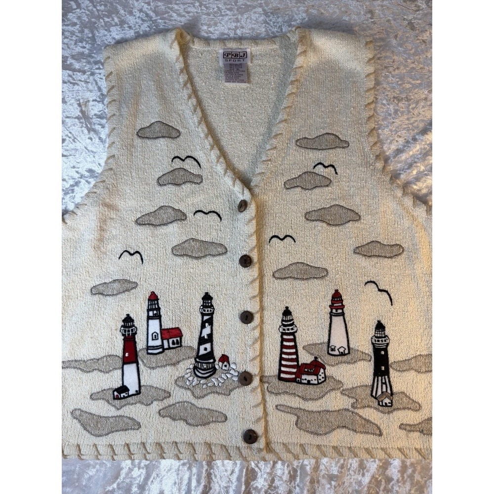 Vintage PBJ Sport Lighthouse Cardigan Sweater XL Ramie Cotton Coastal Grandma